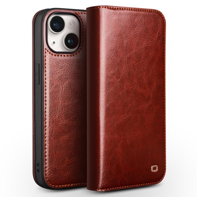 QIALINO For iPhone 15 Genuine Leather Flip Wallet Cover Stand Drop-proof Cowhide Texture Phone Case