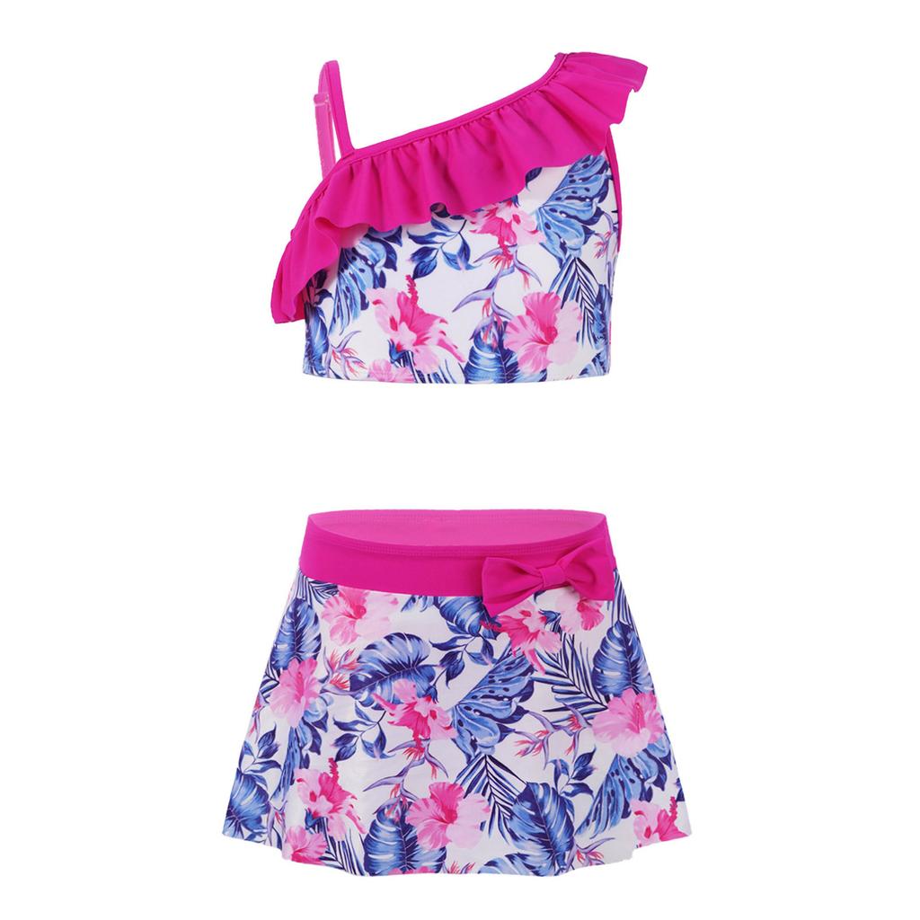 Kids Girls Tankini Set 3 Piece Floral Print Tank Vest Tops with Bikini Briefs and Skirts Summer Swimwear Swimsuits