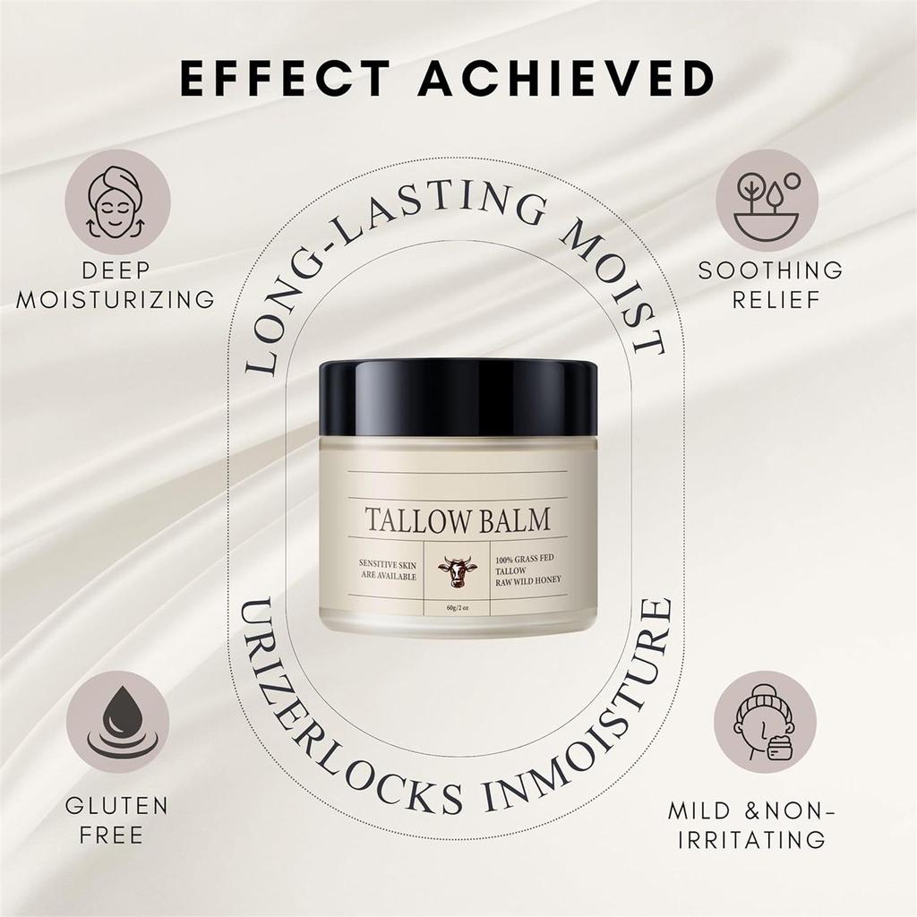 Beef Tallow And Honey Balm For Skin All-Natural Moisturizer Hydrating Tallow Balm With Honey And Beeswax Grass-Fed Beef Tallow & Wild Honey Blend