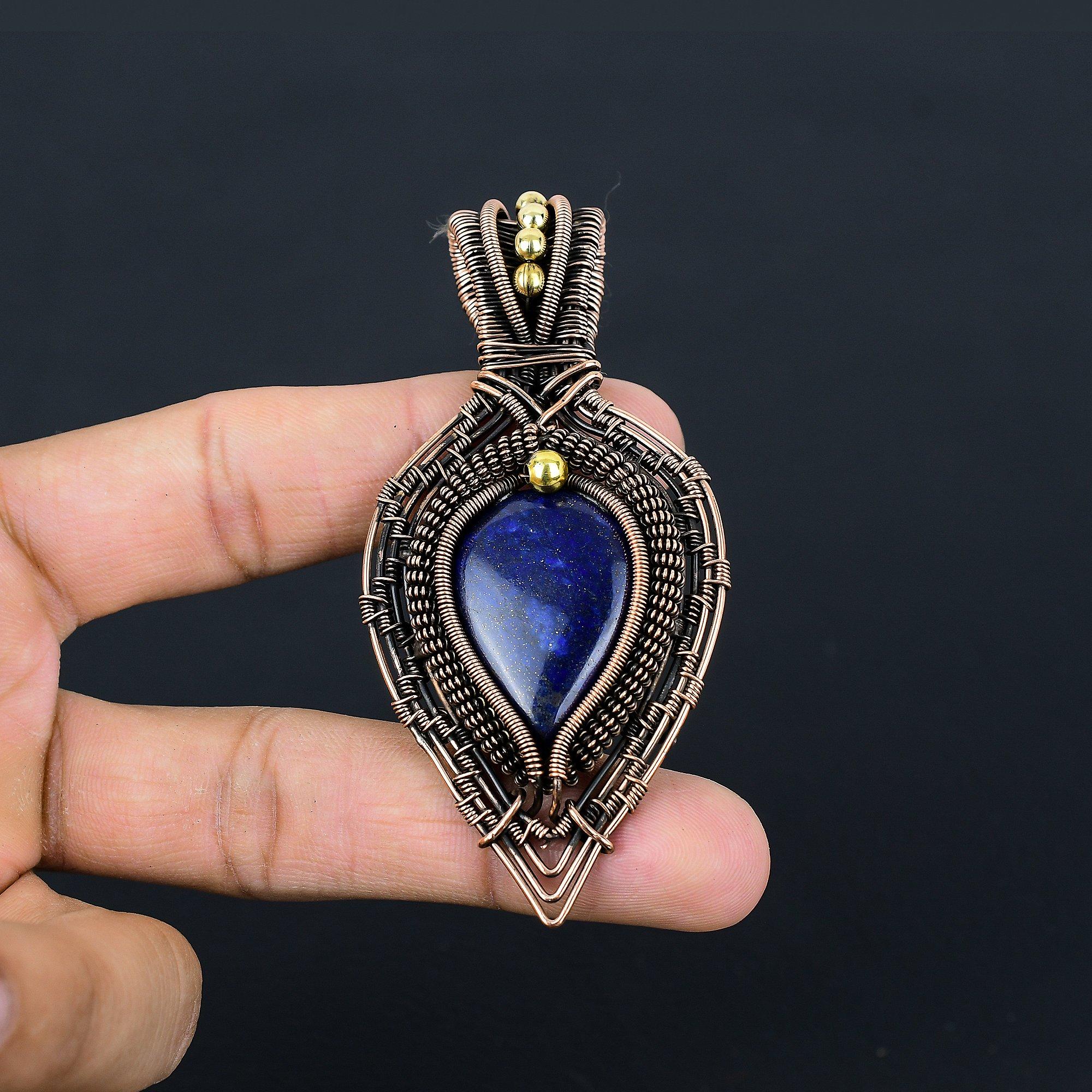 

Подвеска из лазурита, ювелирное изделие из драгоценного камня ручной работы, подвеска, обернутая медной проволокой 999 пробы, ювелирная подвеска уникального дизайна 2.55 Inches