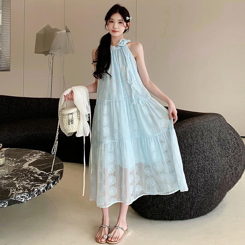2026 Blue Embroidered Halter Neck Maternity Summer Dress M