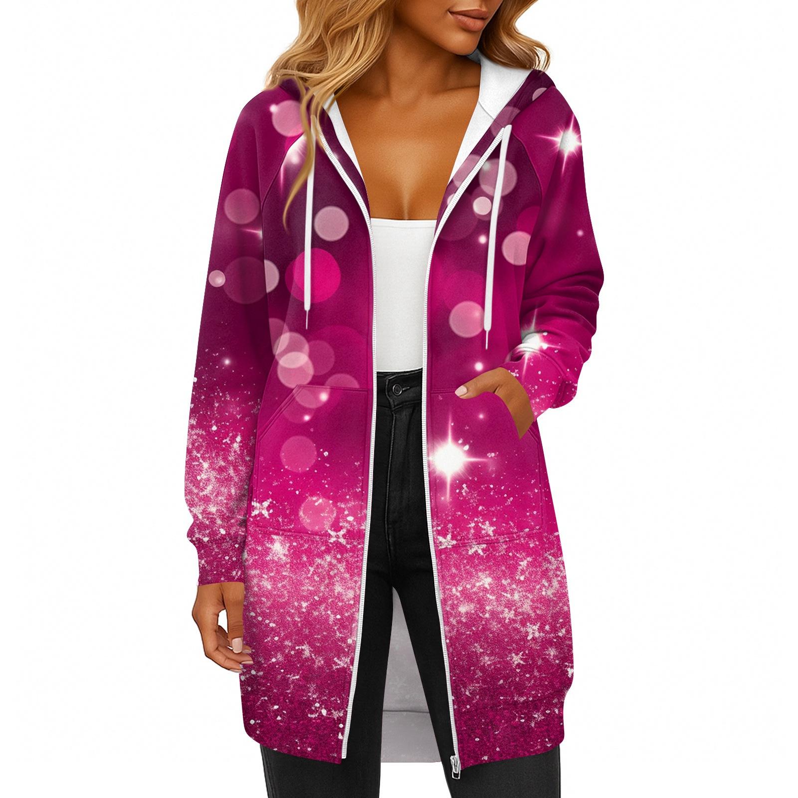 

Женская модная рождественская толстовка с длинными рукавами, капюшоном на кулиске, карманом на молнии, длинная, повседневная M