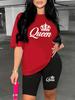Women's Queen printed loose round neck short sleeved T-shirt shorts two-piece set