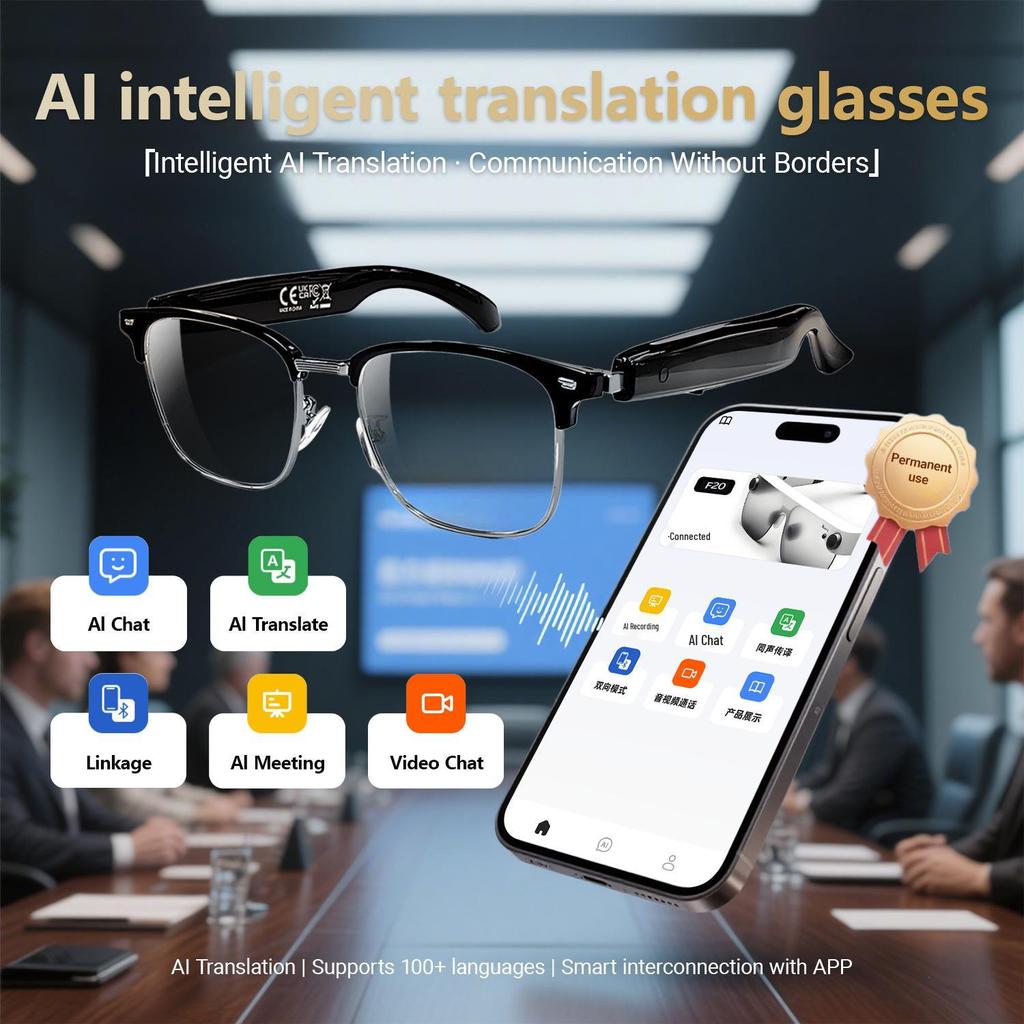Smart Bluetooth Glasses with AI Translation: Supports 100+ Languages, Music Streaming, and Hands-Free Calls