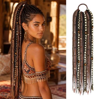 Bohemian Braided Ponytail Hair Tie with Beads, Elastic Hairband, Long Braid Hair Extension for Women (Synthetic)