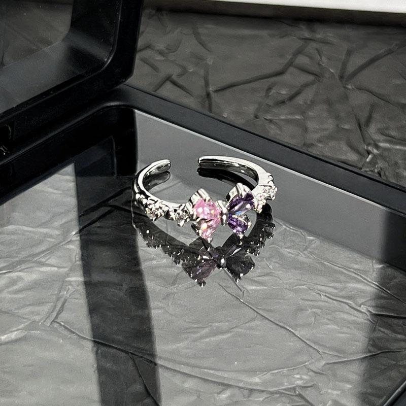 Dream sweet and cool wind butterfly love pink and purple colored diamonds cold wind light luxury open ring women stack and wear high-end rings