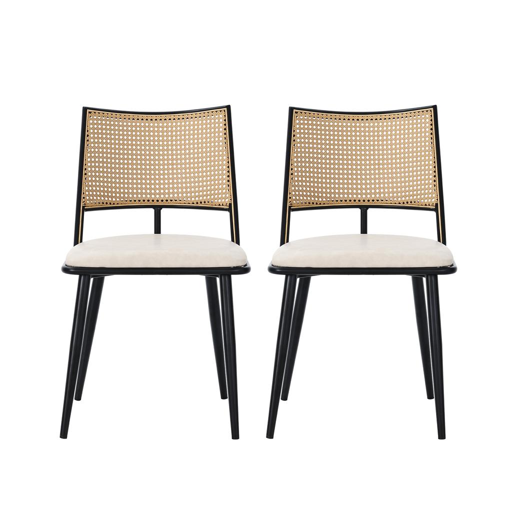 2 Dining Chairs, PU Seat, Rattan Backrest, Living Room, Bedroom Chair, Black