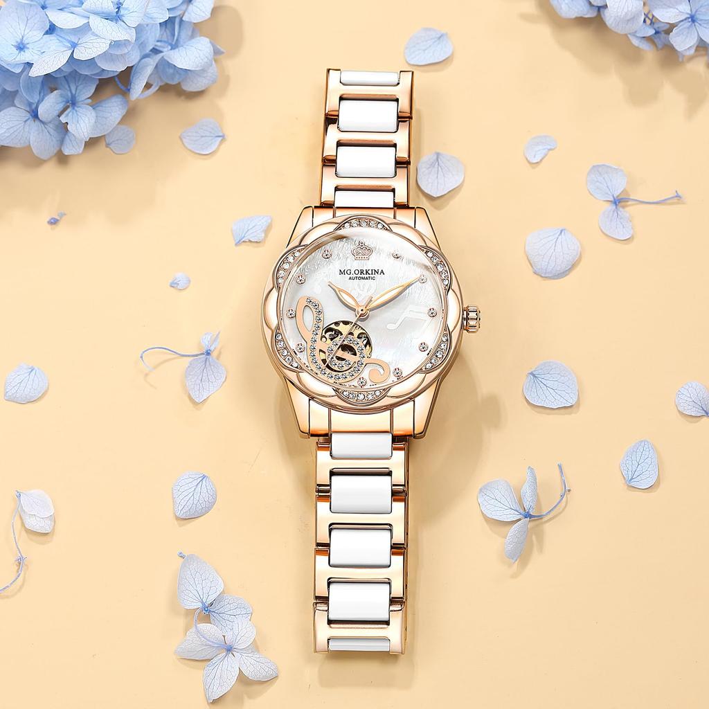 BOLYTE Fashionable Openwork Mechanical Watch Mother of Pearl Ceramic Stainless Steel Diamond Music Ladies Automatic Watch Waterproof Luminous Women's