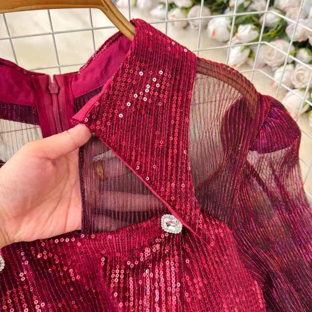 New Autumn Retro Sequins Lapel Pencil Dress Women Clothes Elegant Lady Sheer Sexy Long Sleeve Slim Short Party Birthday Vestidos