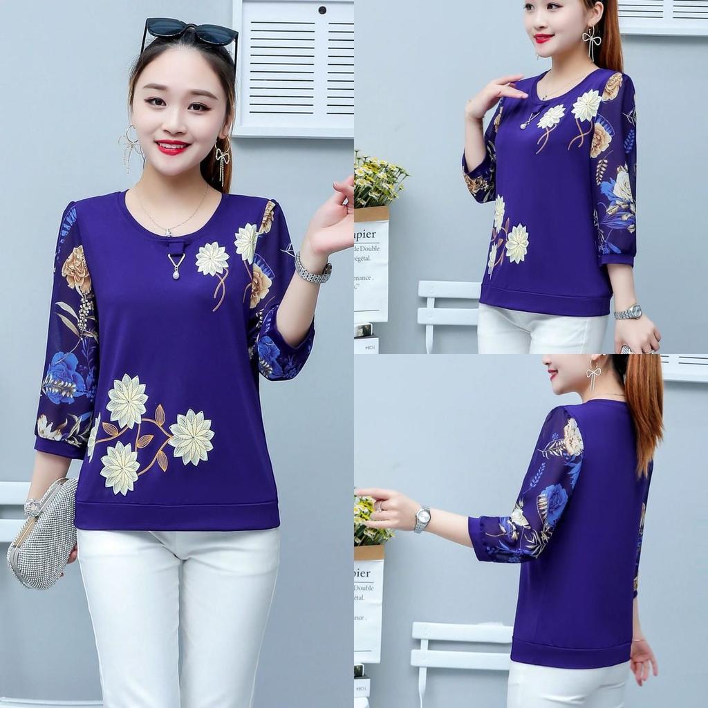 Letní nový krátký top s tříčtvrtečním rukávem Dámské tričko Volný kulatý výstřih Potisk Oblečení pro maminky M-5XL