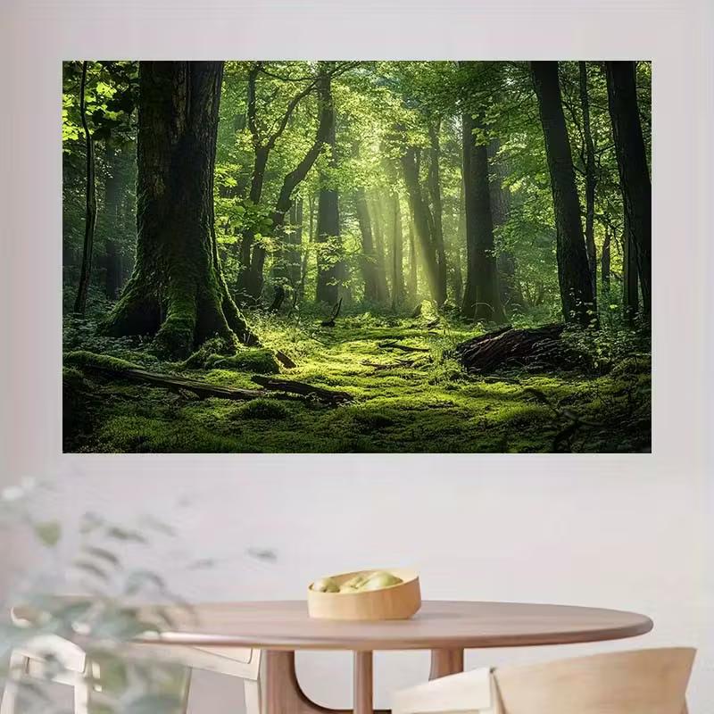 2D Magical Sunbeam Forest Tapestry, Fresh Mossy Green Trees Wall Hanging, Aesthetic Nature Decor