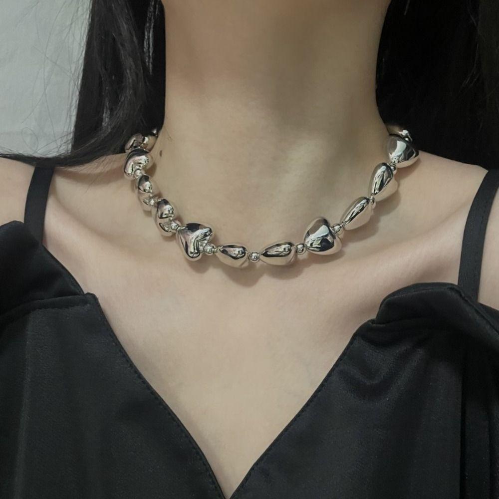 Silver 3D Heart Neck Chain Elegant Love Patchwork Necklace Love Collarbone Chain  Girls
