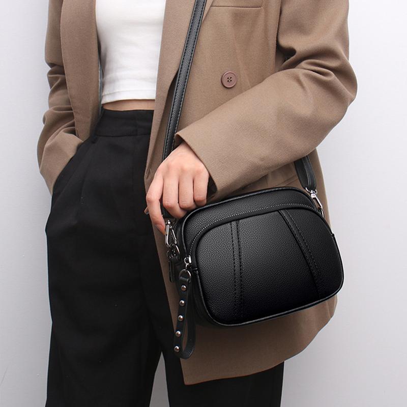 Solid Color Fashionable Rivet Zipper Women'S Mobile Phone Bag Simple Soft Pu Leather Shoulder Crossbody Compact Square Handbag