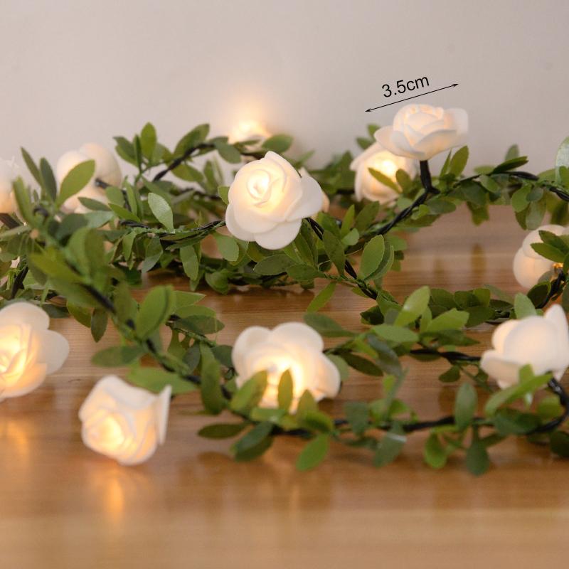 Rose Flower Led Fairy String Lights Artificial Green Leaf Rattan Wedding Birthday Party Home DIY Decoration Christmas Garland