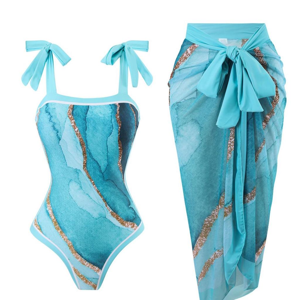 2026 European American Slim-Fit Strappy One-Piece Swimsuit with Mesh Skirt 2-Piece Set