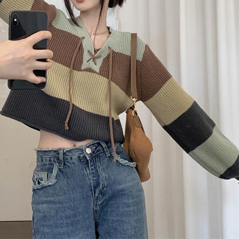 WTEMPO Women's V-neck Lacing-up Long Sleeve Striped Knitted Pullovers Spring Autumn Casual Loose Short Warm Sweaters