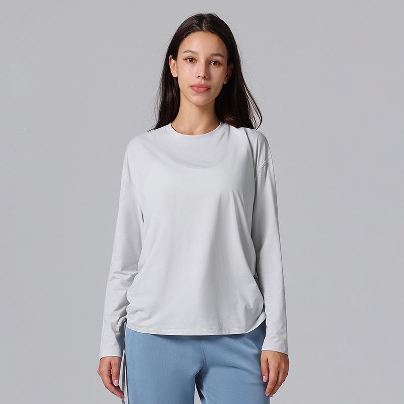 

Women s Cloud-Feel Loose Long Sleeve Yoga Top with Ruched Waist, Drawstring, and Hip Coverage – Perfect for Autumn and Winter 4/S
