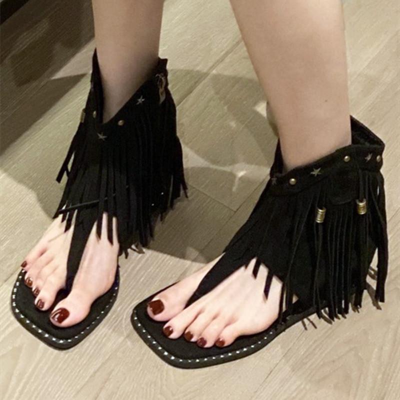 Fashion Metal Rivet Zipper Women Flip-flops Fashion Fringe Flat Designer Sandals Summer Simple Comfortable Non-slip Women Roman Shoes
