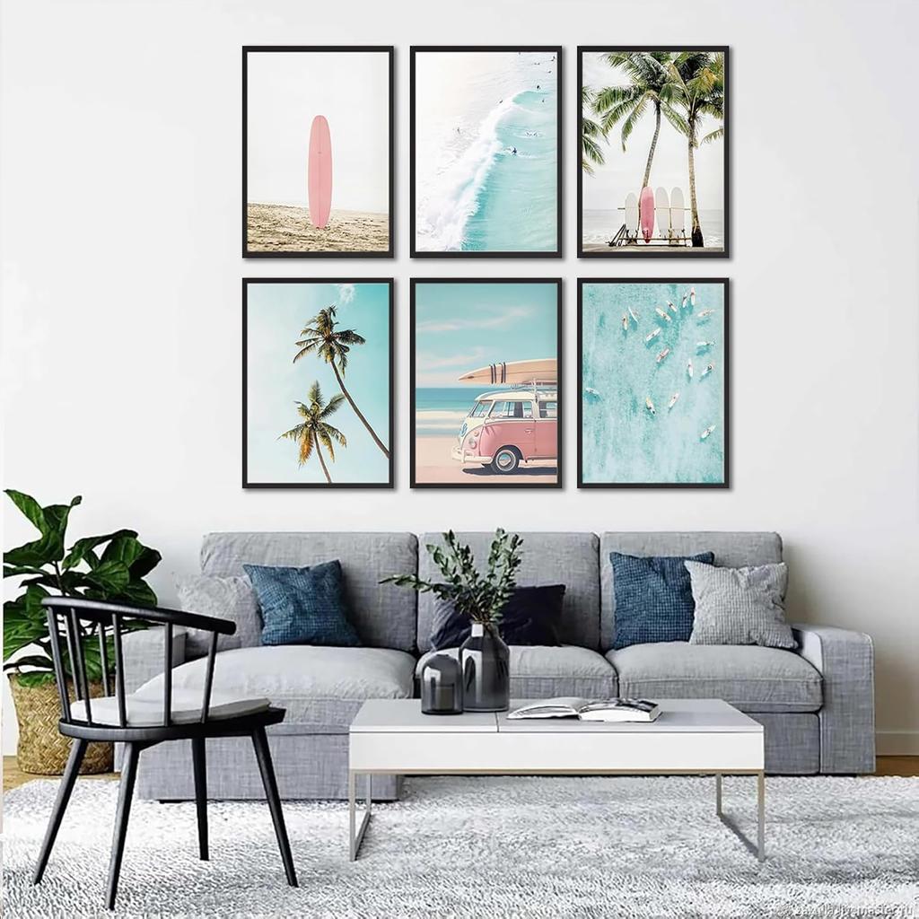 6Pcs Surf Canvas Wall Art Summer Beach Posters Tropical Ocean Coastal Wall Decor Palm Tree Surfboard Seascape Painting Prints Nautical Pictures Gift