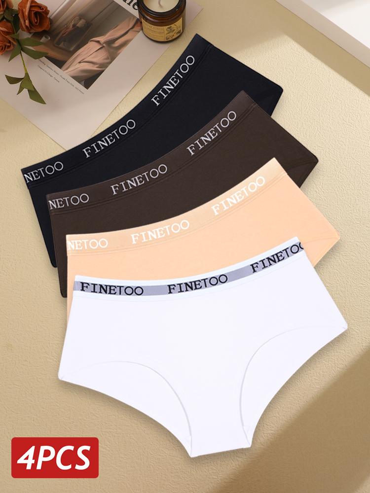 FINETOO 4PCS/Set Women Cotton Panties Sexy Low Rise Elastic Briefs Letter Straps Underwear Girl Solid Color Sports Panties Soft Lingerie