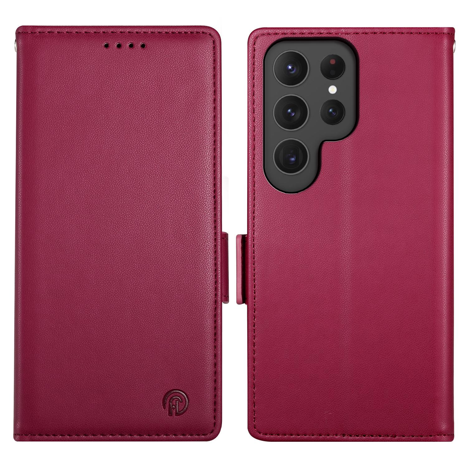 

DF-010 For Samsung Galaxy S23 Ultra Case PU Leather Dual Magnetic Clasps Phone Cover Wine Red