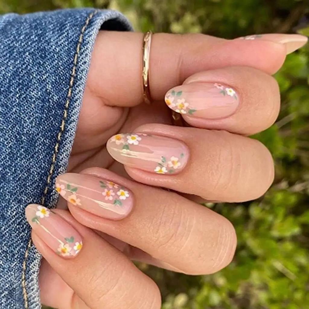 Cute Nude Flower Almond Nails, Minimalist Press On Nails, Detachable Fake Nails for Daily