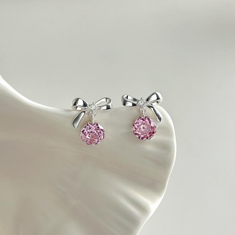 Silver needle exquisite fashion bow pink rose zircon stud earrings women niche design temperament versatile earrings women