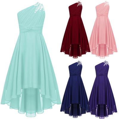 Kids Girls Chic Ruched Shiny Beaded One Shoulder Dress High Waist High-low Hem Party Dress for Evening Proms