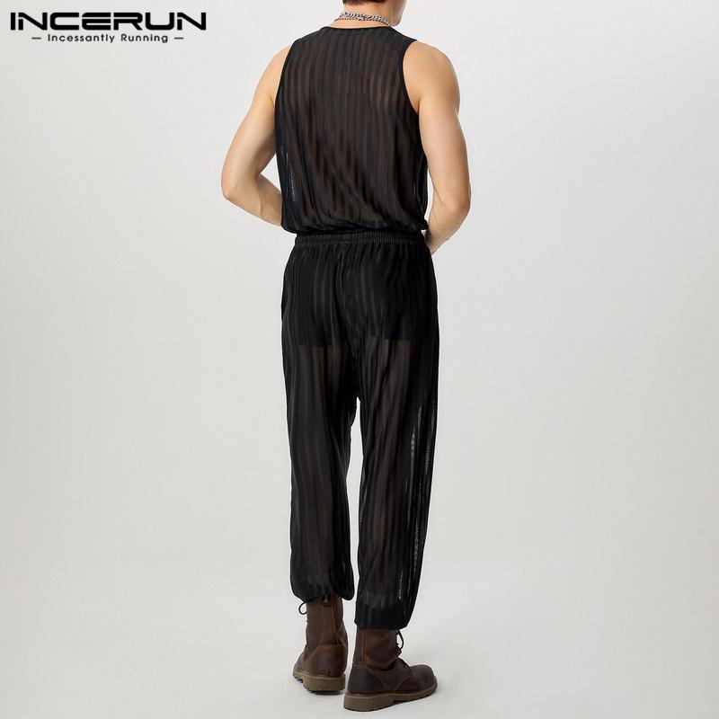 INCERUN Mono de Malla Transparente sin Mangas con Cuello en V Profundo y Cordón para Hombre