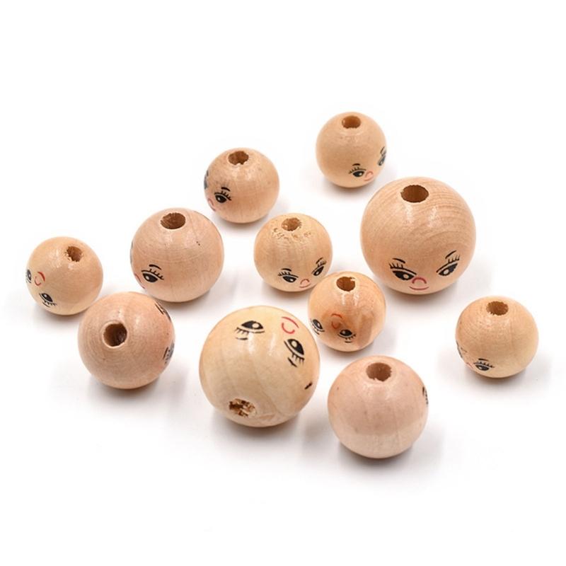 20Pcs/set Wooden Doll Head Beads for DIY Jewelry Making and Crafts Cute Smiling Face Loose Beads Wood Round Spacers