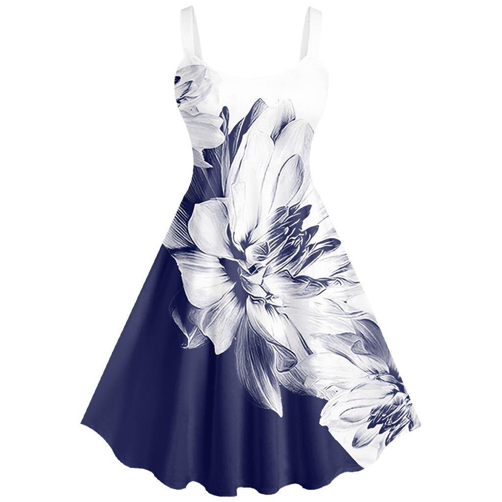 Women's Casual And Fashionable Print Sexy Suspender Retro Dress Big Swing Dress Dress