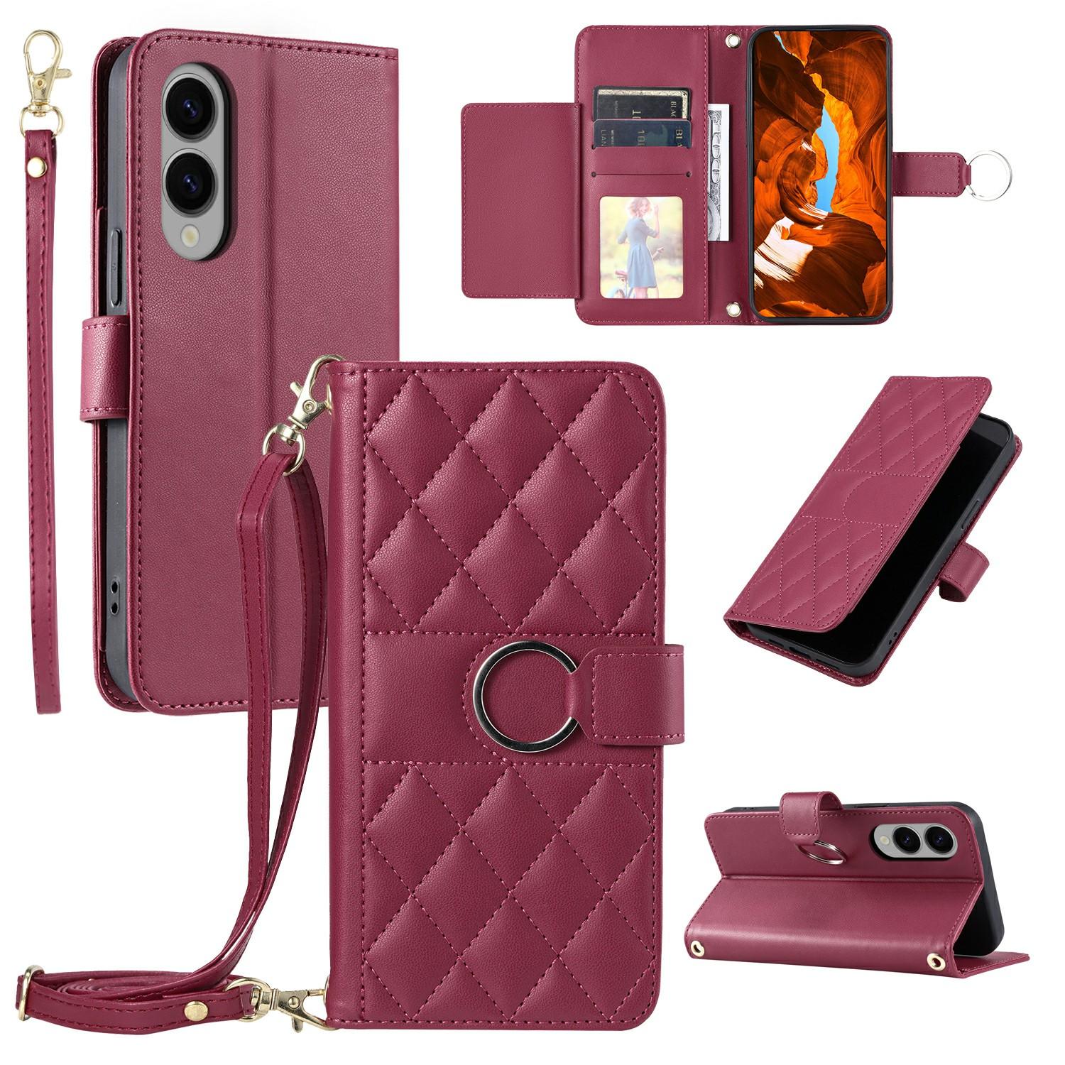 

For Samsung Galaxy S25 Edge Crossbody Leather Case Ring Buckle Wallet Stand Rhombus Mobile Cover E