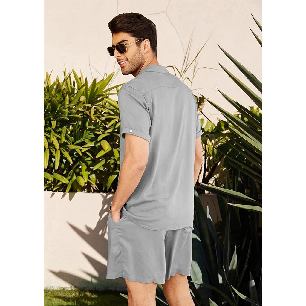 Summer Men's Cotton Linen Shirt Set Men's Casual Outdoor 2-Piece Suit and Home Clothes Pajamas Comfy Breathable Beach Short Sleeve Sets