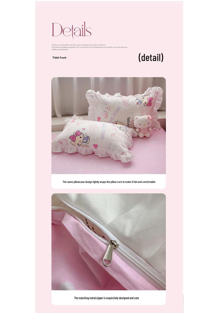 Official Sanrio Hello Kitty All-Cotton 4-Piece Bedding Set - Sheet, Pillowcase & Bed Skirt for Dorms