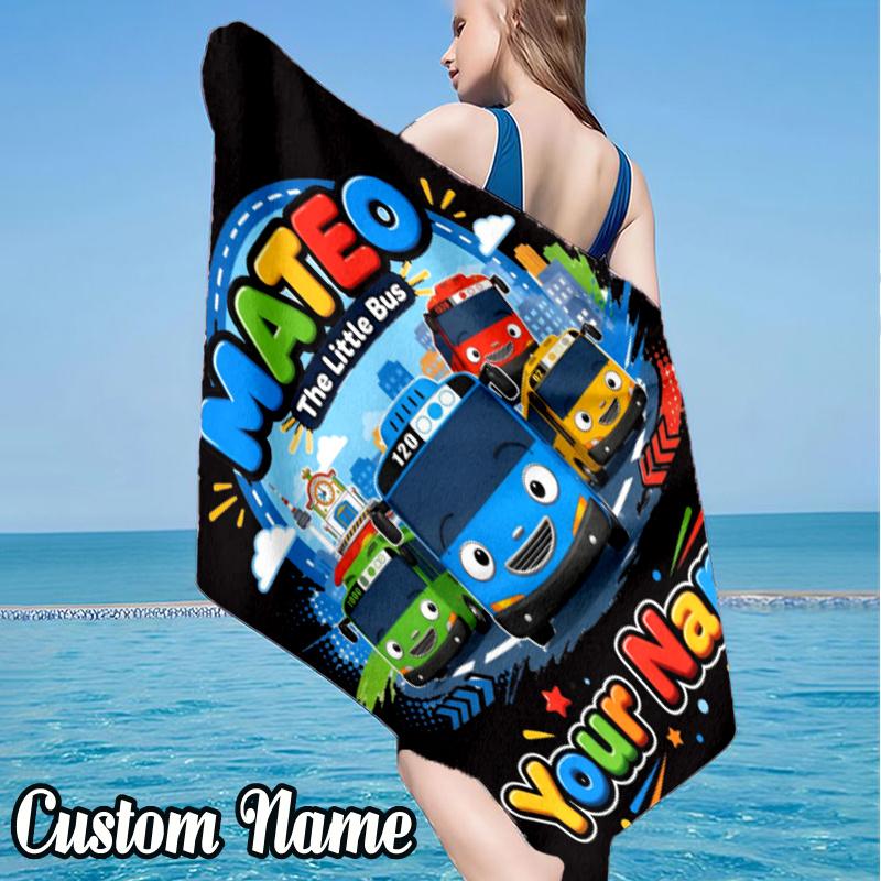 Custom Name Adventure Mateo Little Bus Beach Towel - Soft, Ultra-Absorbent Microfiber, Lightweight, Perfect for Beach, Parties, Travel, Camping