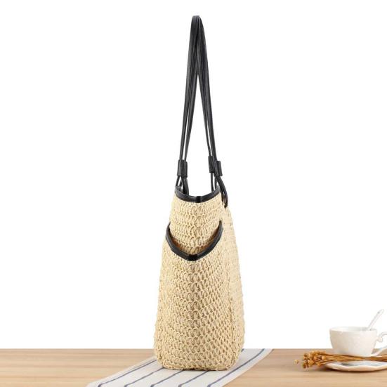 Straw Woven Shoulder Bag with Multiple Pockets Zipper Closure Handmade Braided Vacation Leisure Handbag