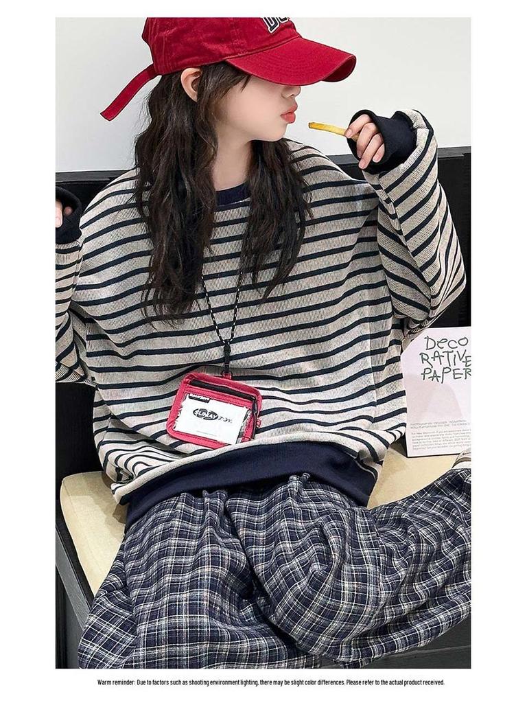 2025 Herbst Mädchen Gestreiftes Sweatshirt & Karierte Hose Set - Koreanische Studentenmode, Lässiges Zweiteiler