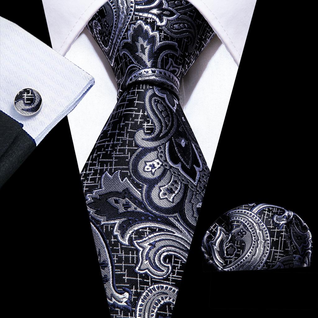 Barry.Wang Floral Ties for Men Woven Paisley Wedding Necktie Handkerchief Cufflinks Formal Casual Set