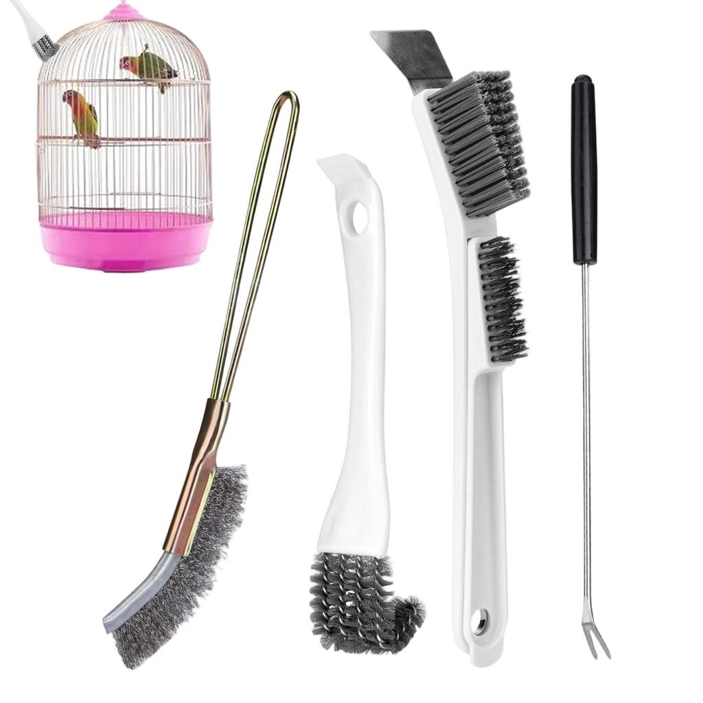 4Pcs Birdcage Cleaning Brush Set Long Handle Bird Poop Remover Cleaning Fork/ Wire Brush/ Elbow Copper Wire Brush For Pet Cage
