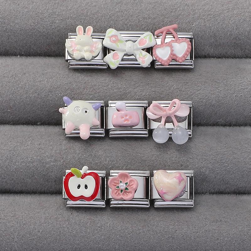 Cute 3D Series Red Apple Eye Heart Flower Bow Knot Italian Charm Link Fit 9mm Stainless Steel Jewelry DIY Making Bracelet Gift