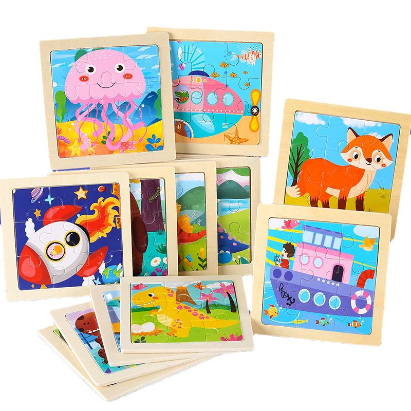 New 9 Piece Montessori Wooden Puzzle Cartoon Dinosaur Transportation Jigsaw 3d Puzzle Early Learning Educational Toys for Kids