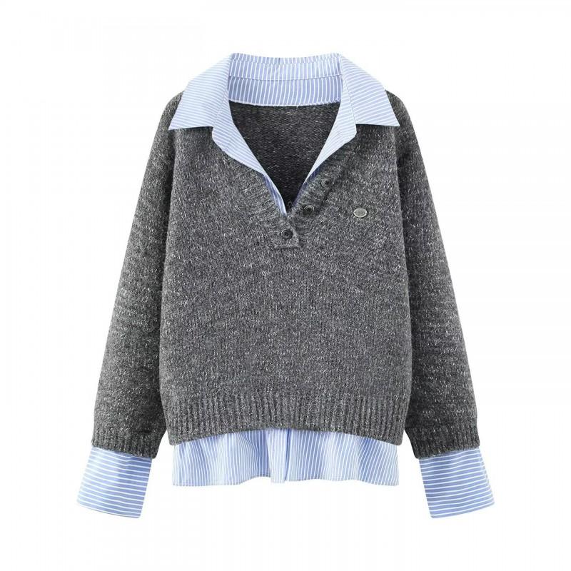 Womens Fashion Layered Knit Top 2026 Contrast Color Yarn Mock Two Piece Sweater Street Style