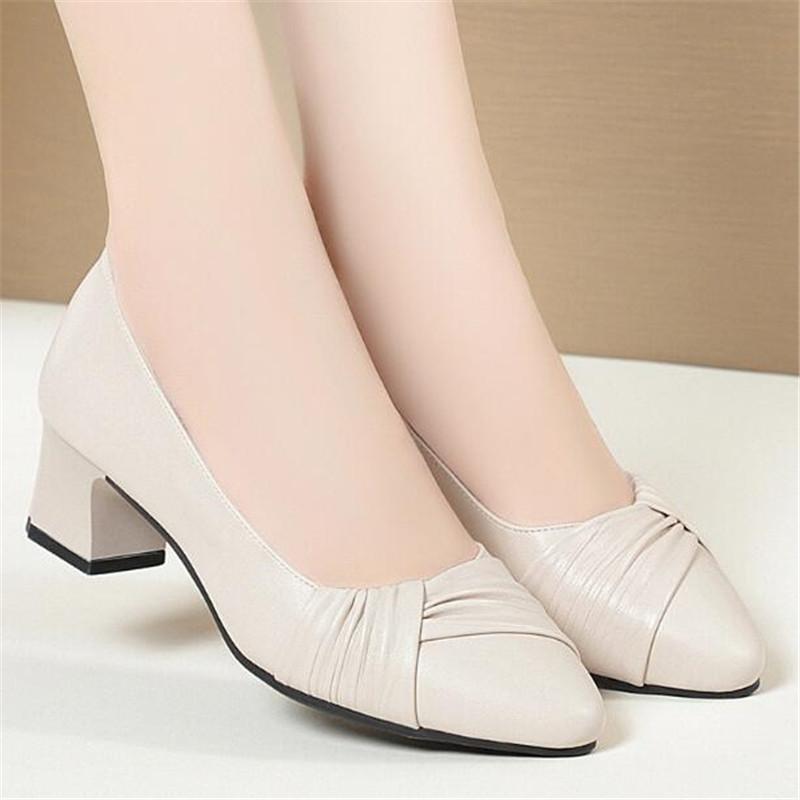 Mode Damen Pumps Schuhe Damen Echtes Leder Flach Slipper Runde Zehe High Heels Schuhe Hochzeitsparty Büro Arbeitsschuhe Größe 35-41
