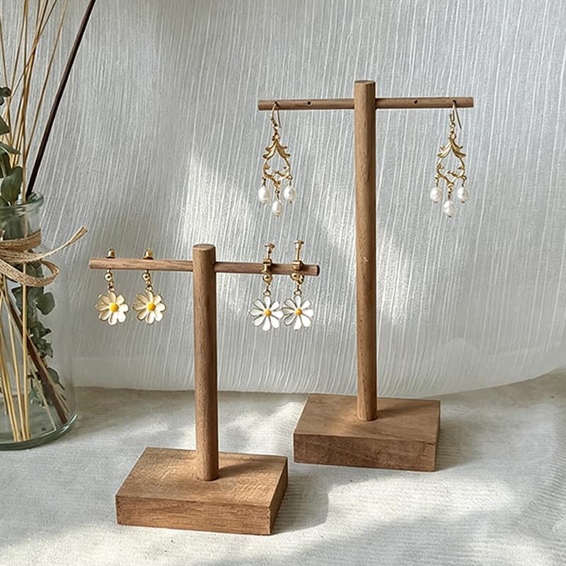 Premium Walnut Wood Earring Display Stand - Vintage Cross Jewelry Holder for Studs & Dangles