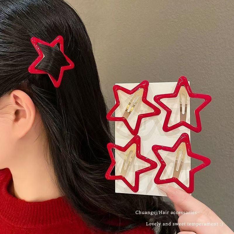 Red Pentagram New Year Star Hair Clip - Festive Side Bang Accessory for Women and Girls