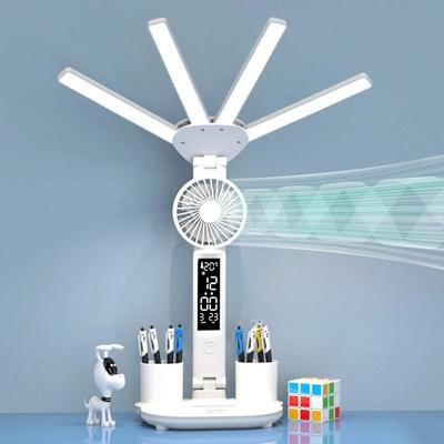 Dobíjecí stolní lampa na studium, Stolní lampa Světlo na čtení LED stolní světlo s ventilátorem, LED displej hodin Lampa na čtení