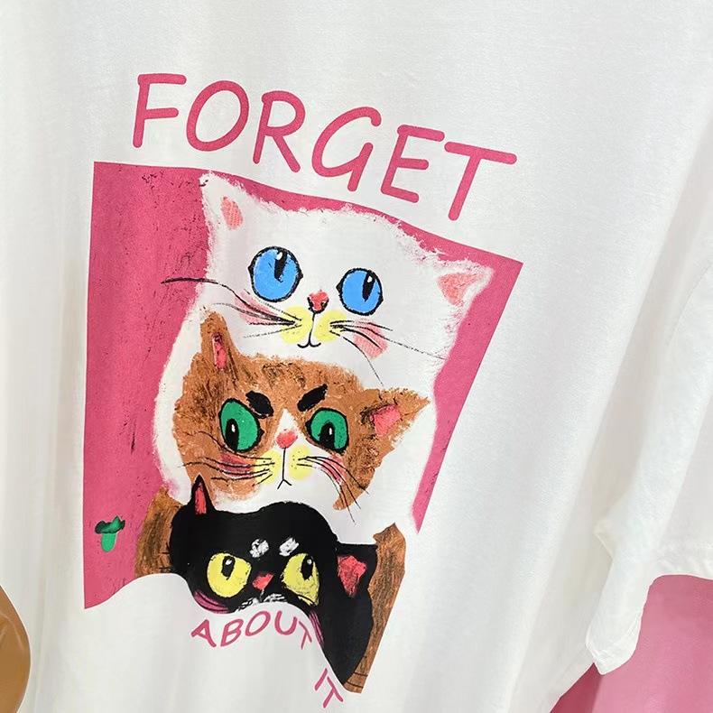 Übergroßes Cartoon-Katzen-T-Shirt aus reiner Baumwolle mit kurzen Ärmeln für Damen im Sommer Neues lockeres und modisches Design Nischen-Top