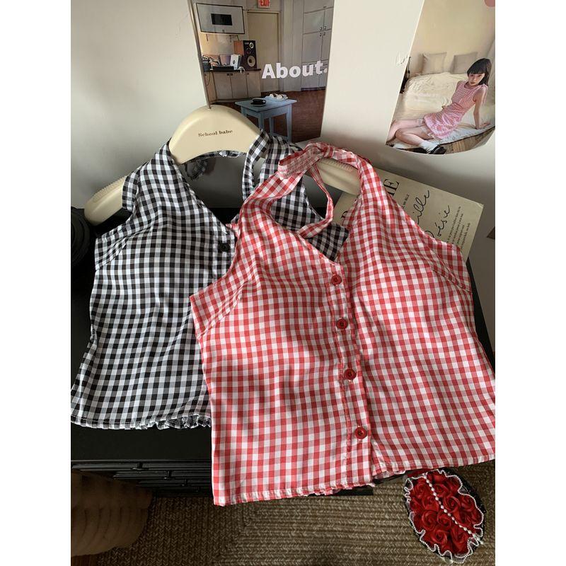Kumikumi Retro Gyaru Plaid Halter Top Sling Women clothes Summer Niche Chic Slimming Outer Wear Top