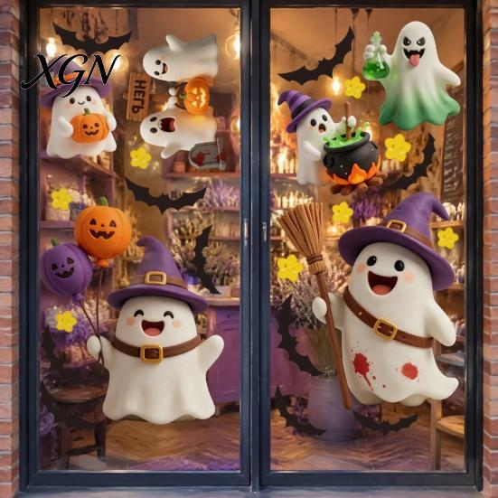 Transparent Window Murals 2Pcs Cute Ghost Halloween Static Stickers, PVC Waterproof Cartoon Pumpkin Bat And Decals Star Glass Decals, Reusable Clings