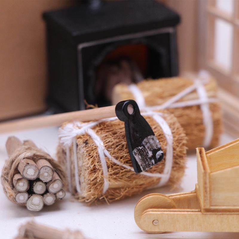 Dollhouse Winter Scene Set: Mini Straw Bag, Wooden Matchbox, Small Cart, Lightable Fireplace